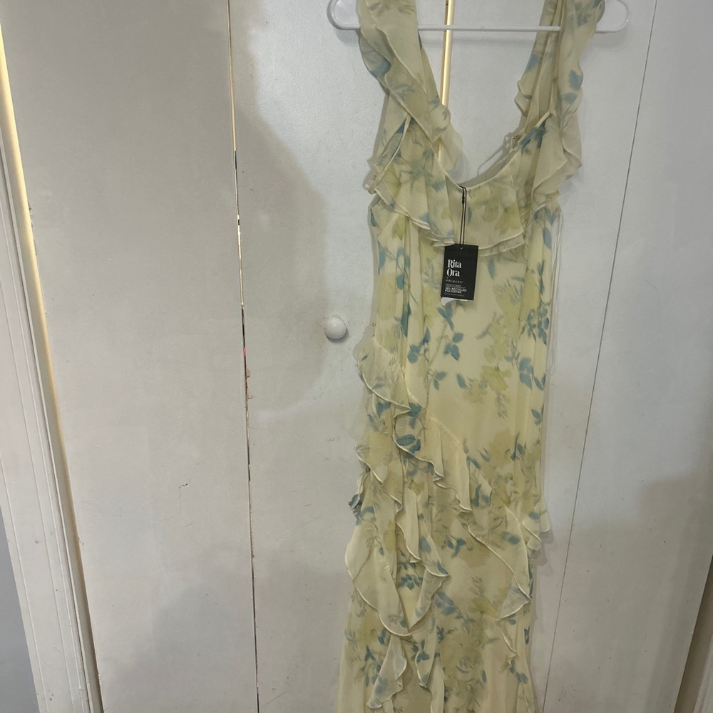 Rita Ora  Pale Yellow Floral Ruffle Maxi Dress